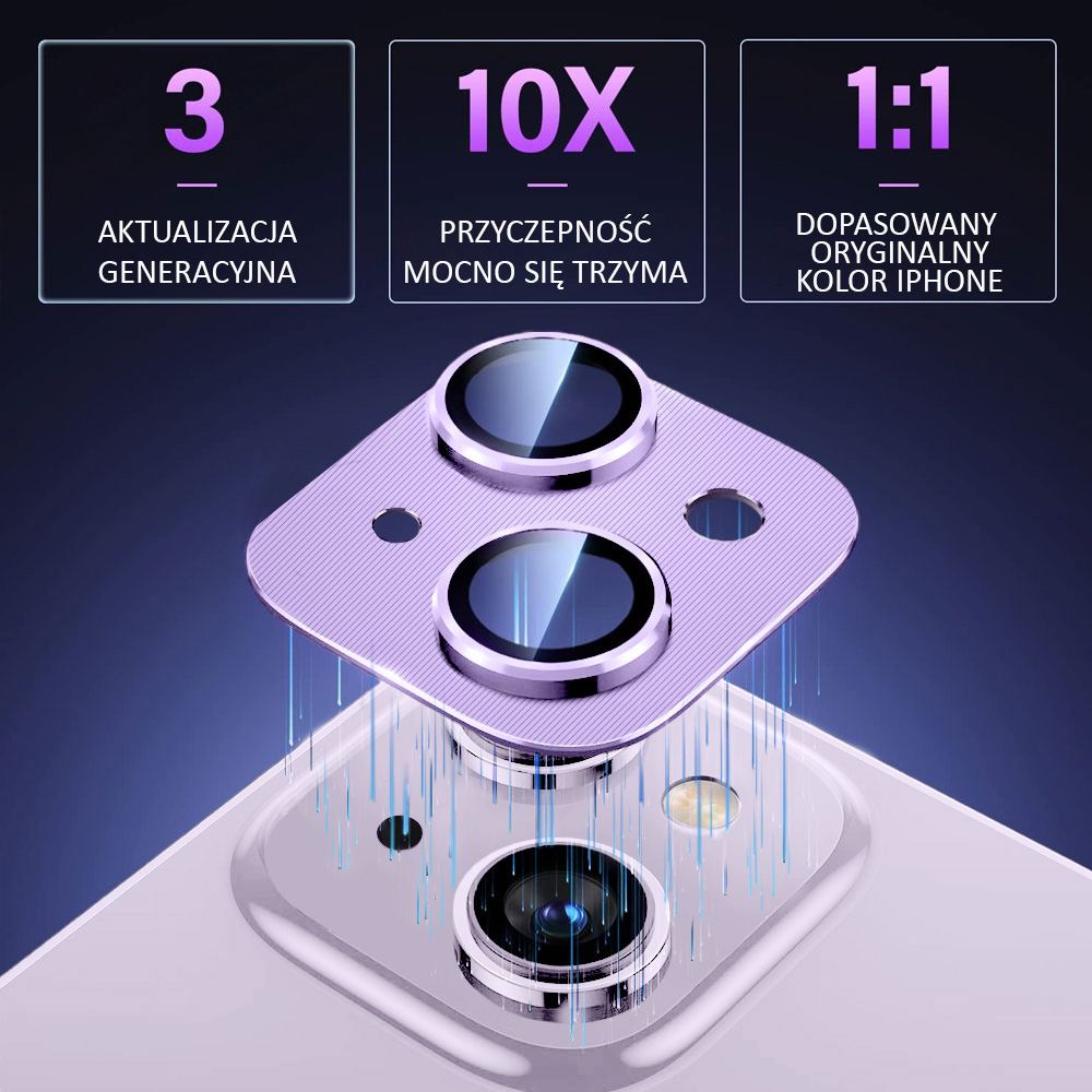 iPhone 14 metalowa osłona na cały aparat, wbudowane szkła 9H, fioletowa