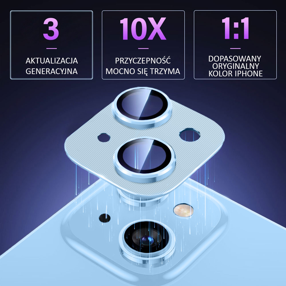 iPhone 14 Plus metalowa osłona na cały aparat, wbudowane szkła 9H, niebieska