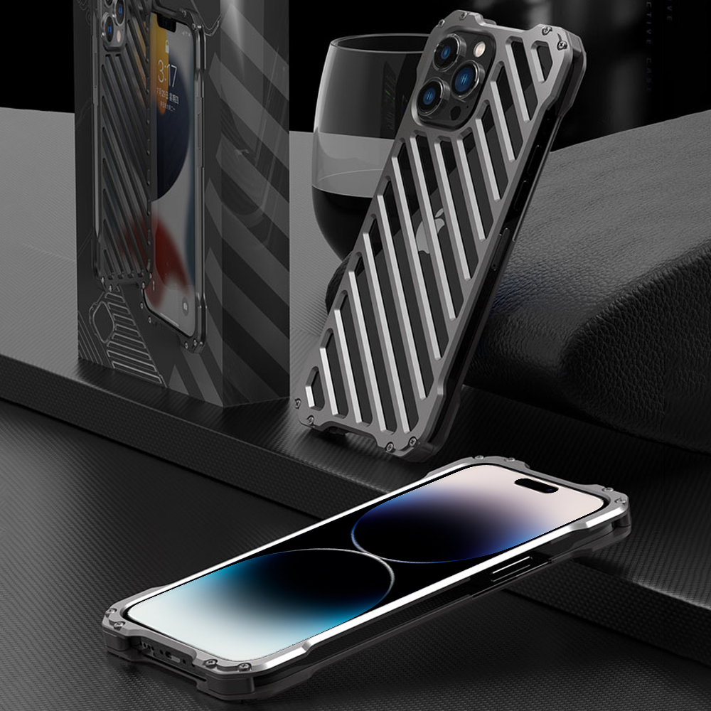 Etui do iPhone 14 Pro pancerne, metalowe, skręcane, srebrne