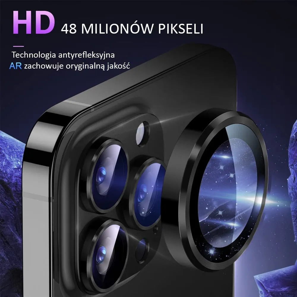 iPhone 14 Pro Max gładka metalowa osłona na cały aparat, wbudowane szkła 9H, głęboka czerń, czarna