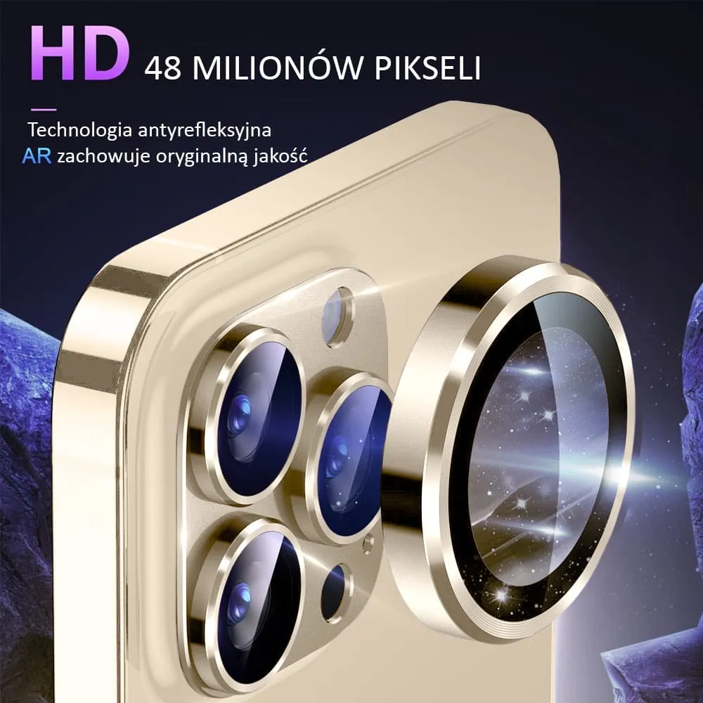 iPhone 14 Pro Max gładka metalowa osłona na cały aparat, wbudowane szkła 9H, złota