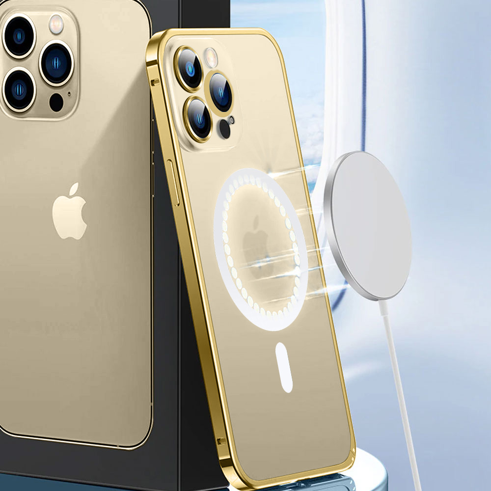 Etui do iPhone 14 Pro Max Magsafe Metalic Gold Frame Oryginal matowe, ochrona aparatu, złota ramka