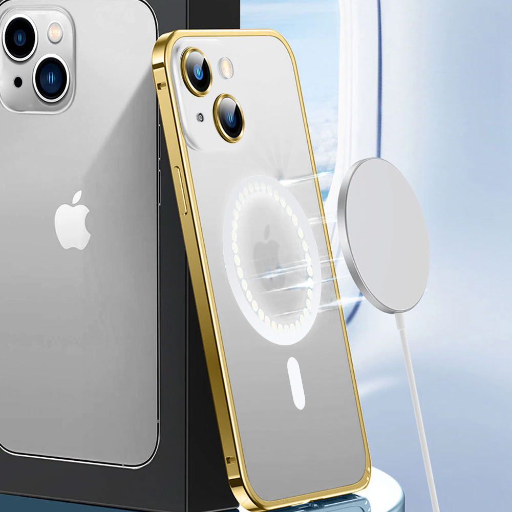 Etui do iPhone 14 MagSafe Metalic Gold Frame Oryginal matowe, ochrona aparatu, złota ramka