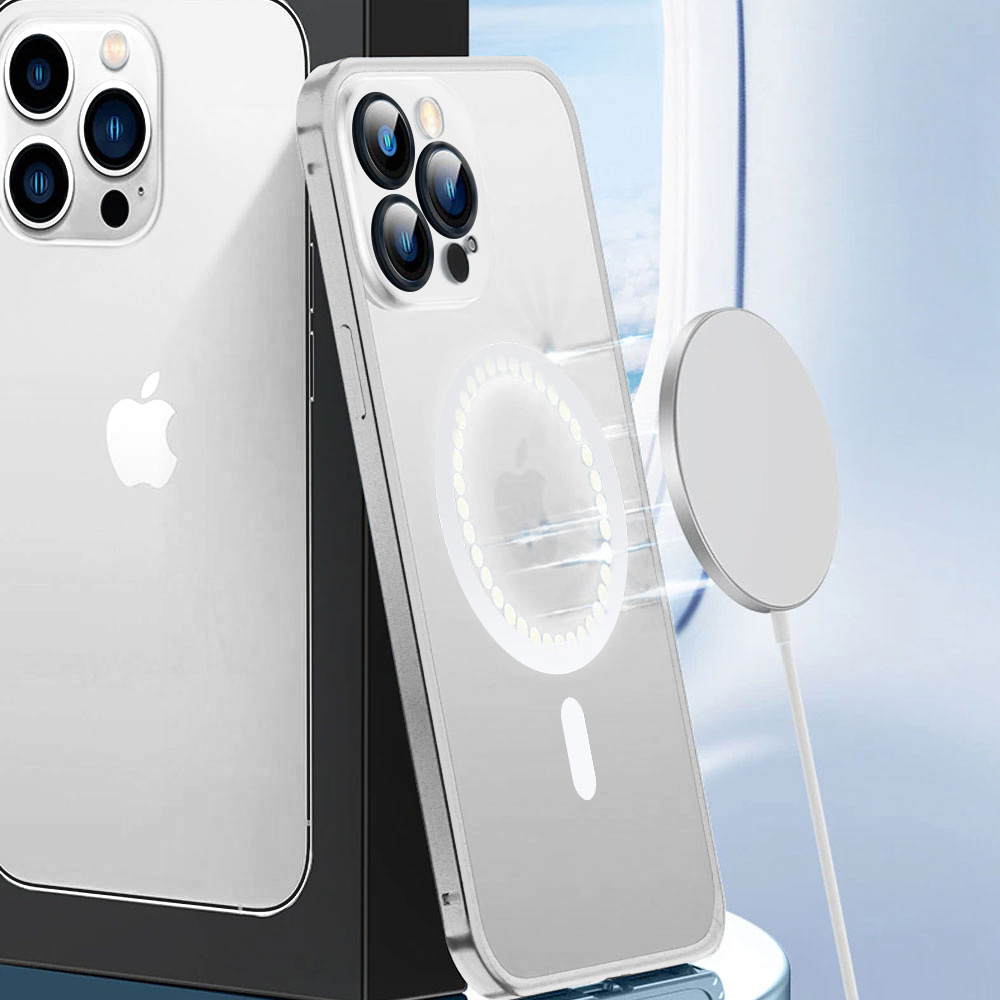 Etui do iPhone 14 Pro Max Magsafe Metalic Silver Frame Oryginal matowe, ochrona aparatu, srebrna ramka