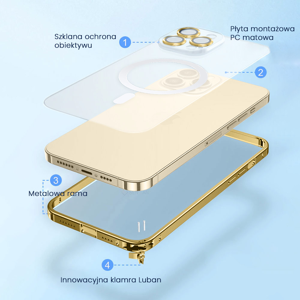 Etui do iPhone 14 Pro Max Magsafe Metalic Gold Frame Oryginal matowe, ochrona aparatu, złota ramka