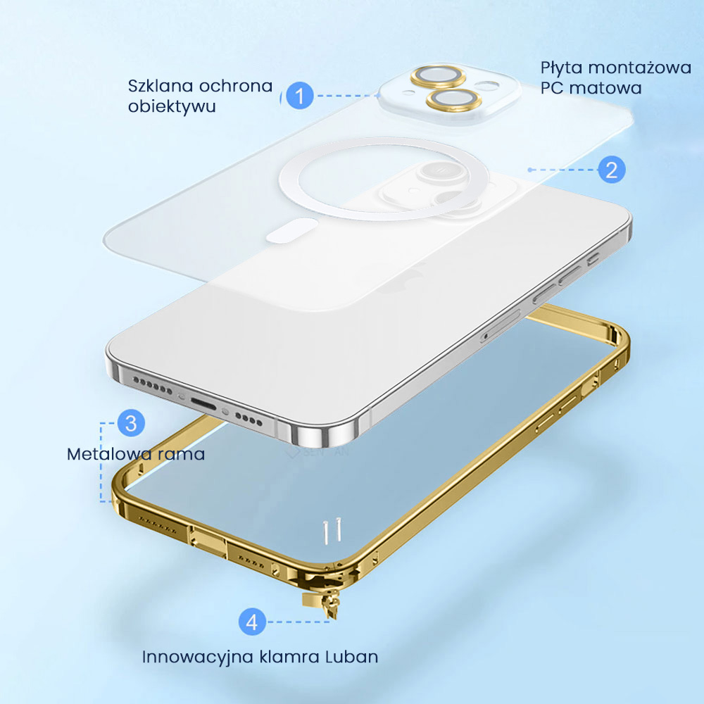 Etui do iPhone 14 MagSafe Metalic Gold Frame Oryginal matowe, ochrona aparatu, złota ramka