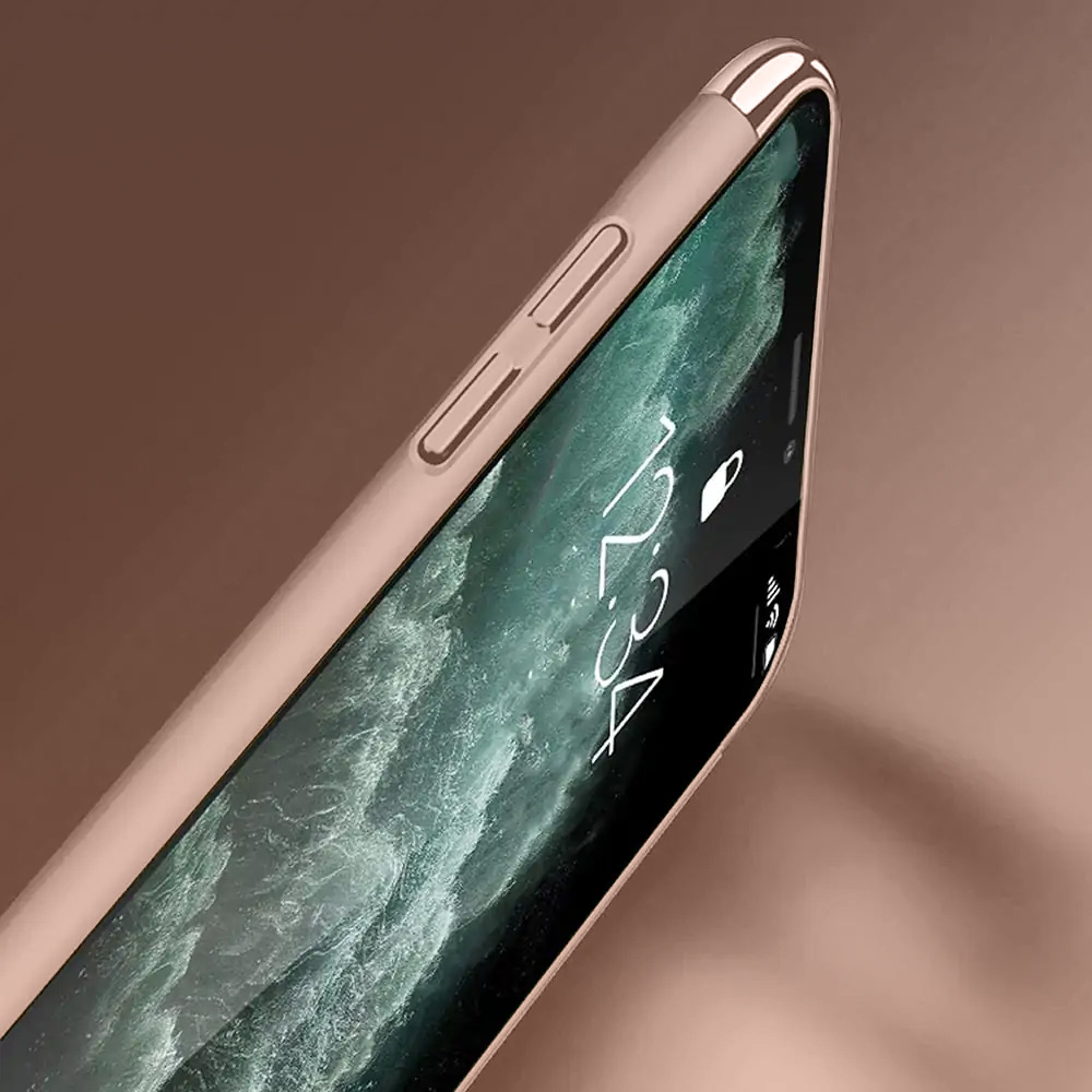 Etui do iPhone 12 eleganckie cienkie ze zdobieniami i widocznym logo, różowe złoto