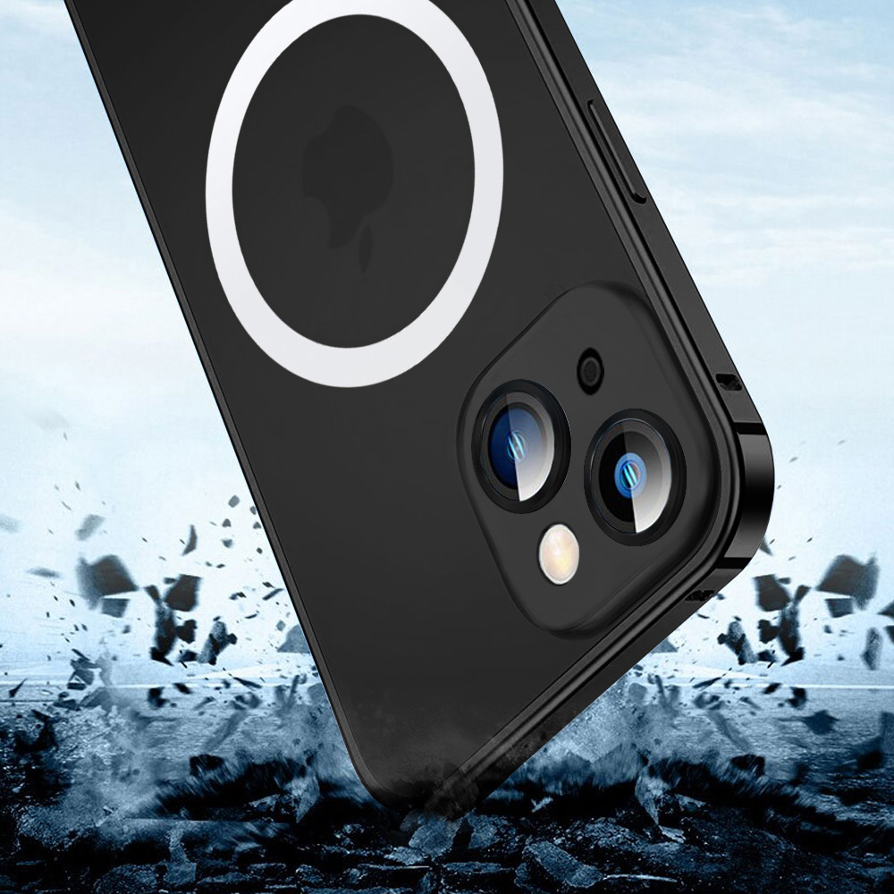 Etui do iPhone 14 Metalic Black Frame Oryginal matowe, hybrydowa ochrona kamery, czarne