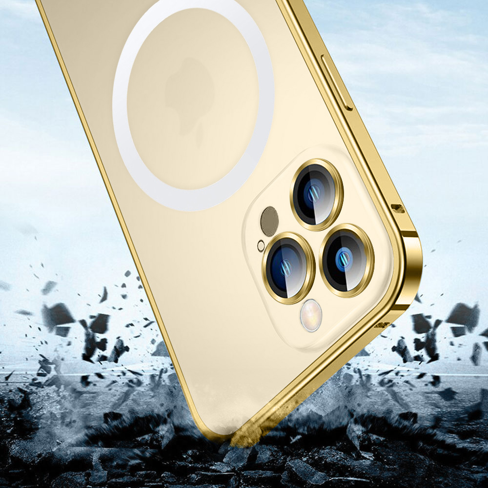 Etui do iPhone 14 Pro Max Magsafe Metalic Gold Frame Oryginal matowe, ochrona aparatu, złota ramka