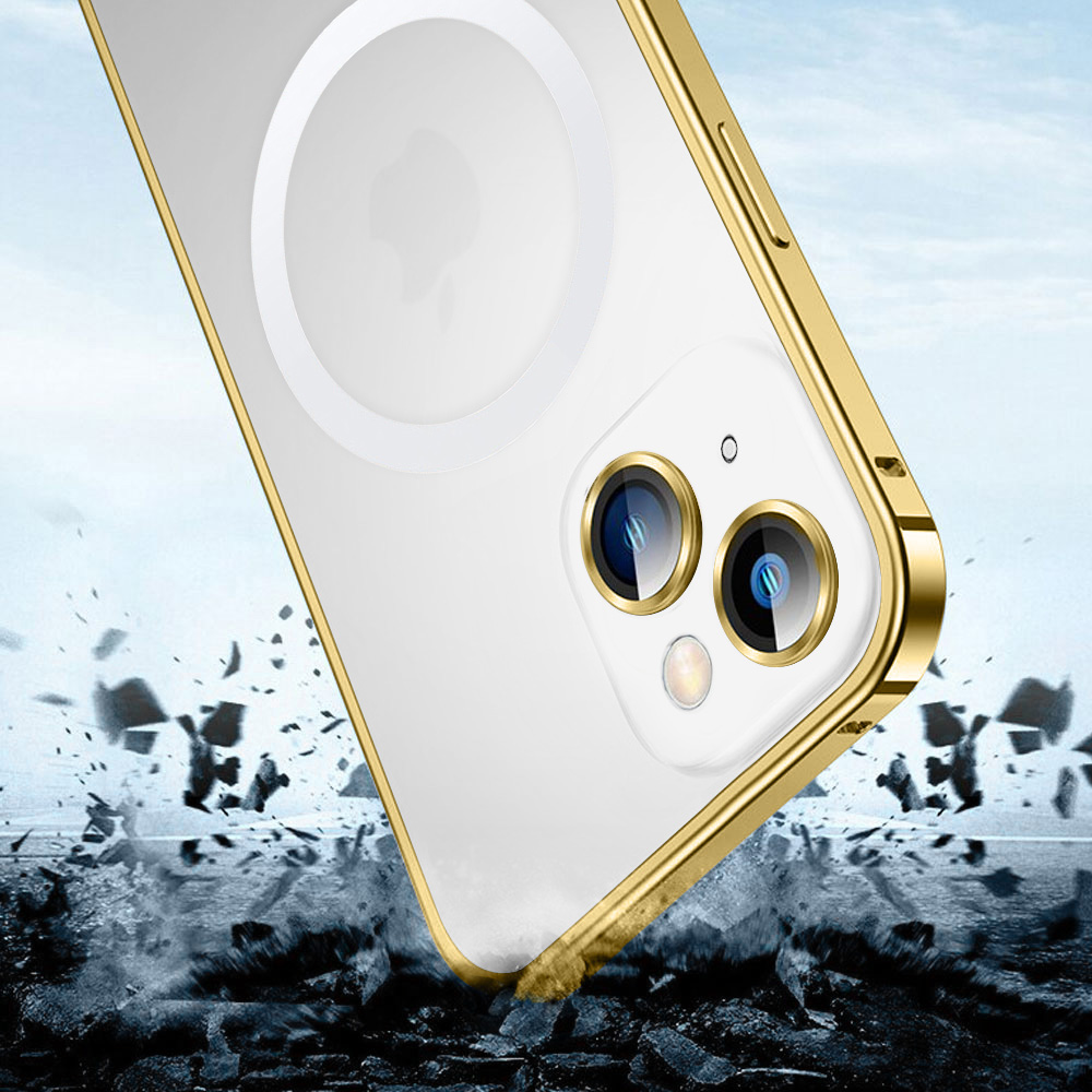 Etui do iPhone 14 MagSafe Metalic Gold Frame Oryginal matowe, ochrona aparatu, złota ramka