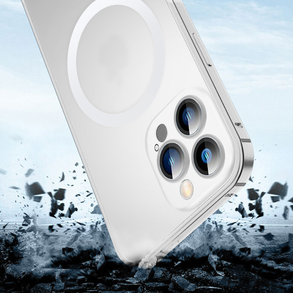 Etui do iPhone 14 Pro Max Magsafe Metalic Silver Frame Oryginal matowe, ochrona aparatu, srebrna ramka