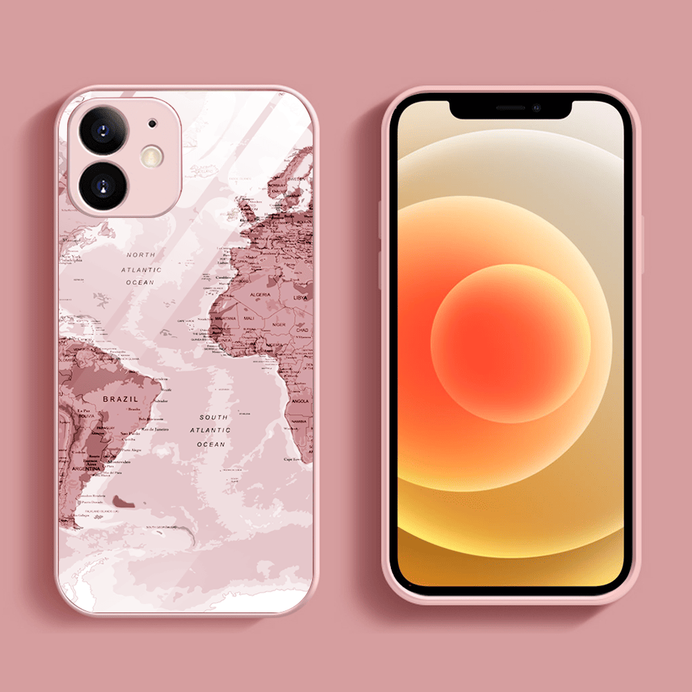 Etui do iPhone 12, szklany tył, osłona kamery, mapa świata, łososiowe