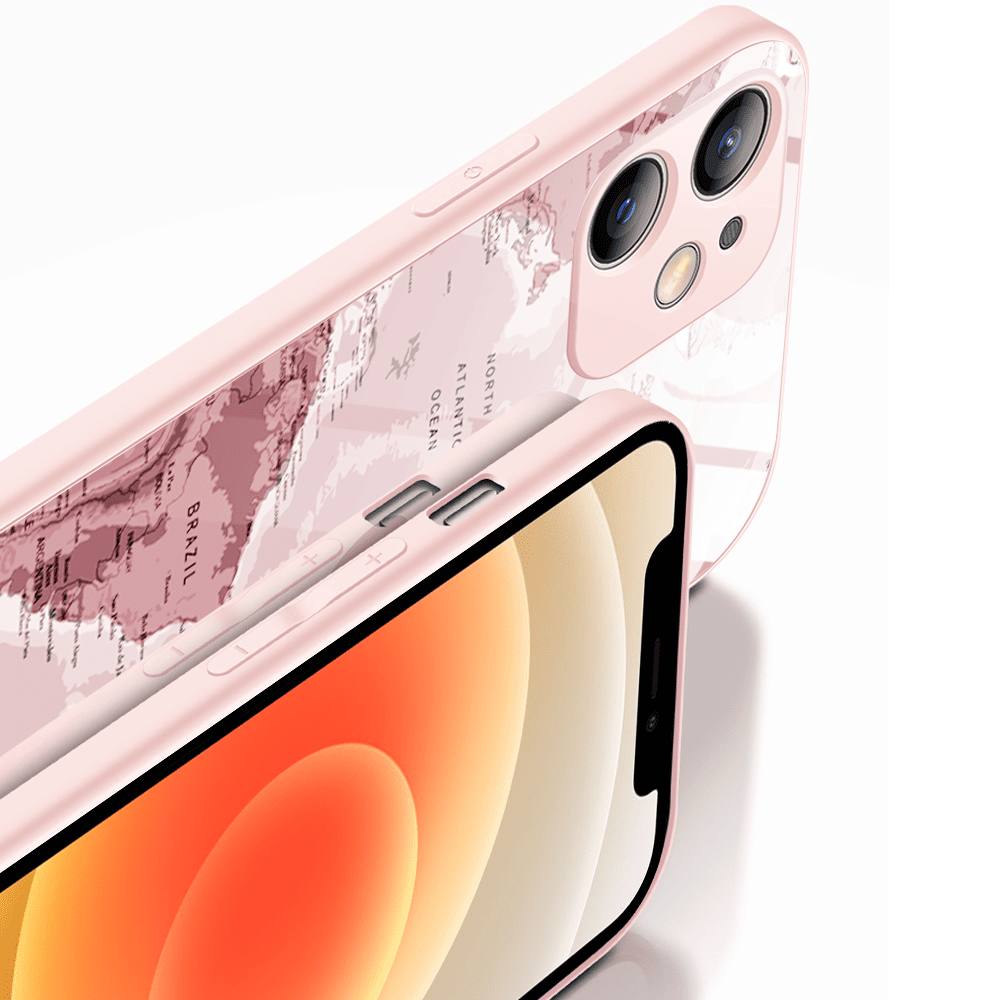 Etui do iPhone 12, szklany tył, osłona kamery, mapa świata, łososiowe