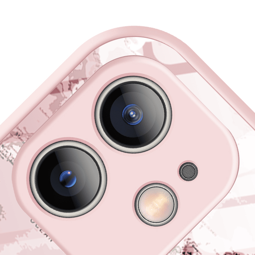 Etui do iPhone 12, szklany tył, osłona kamery, mapa świata, łososiowe