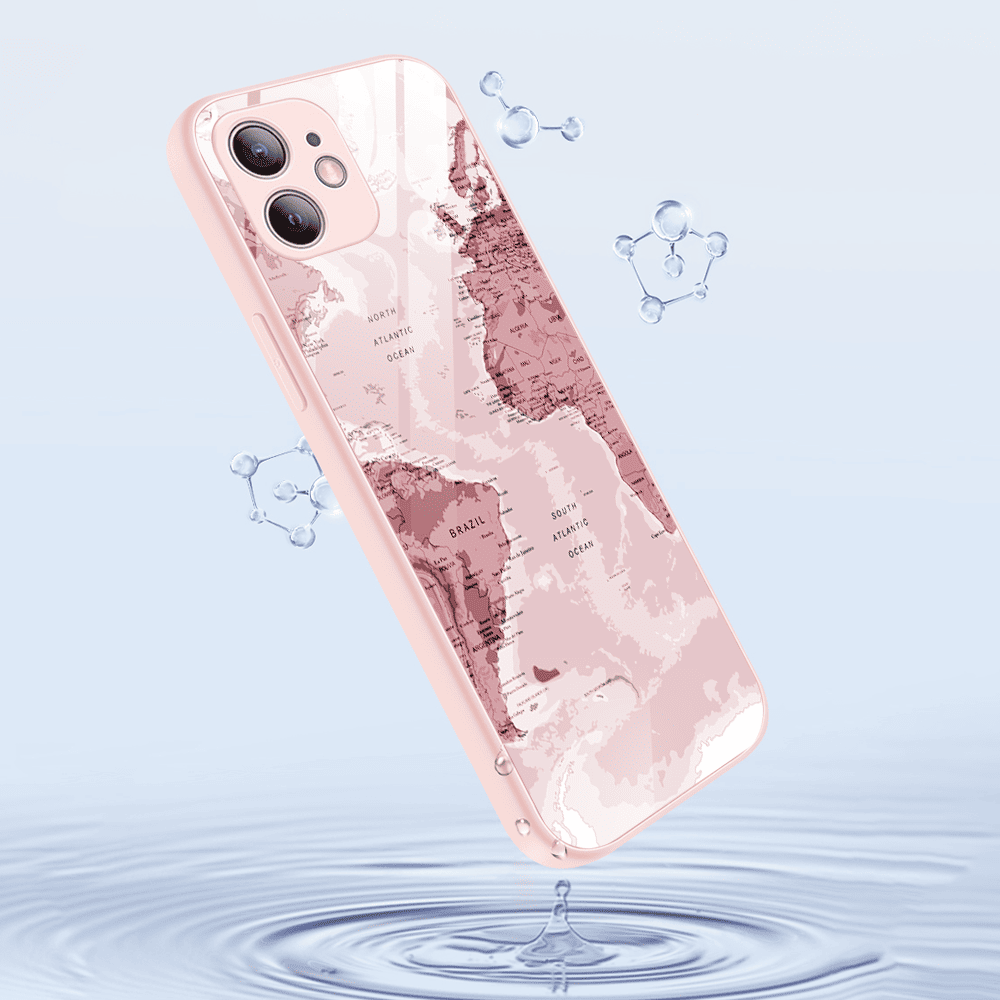 Etui do iPhone 12, szklany tył, osłona kamery, mapa świata, łososiowe