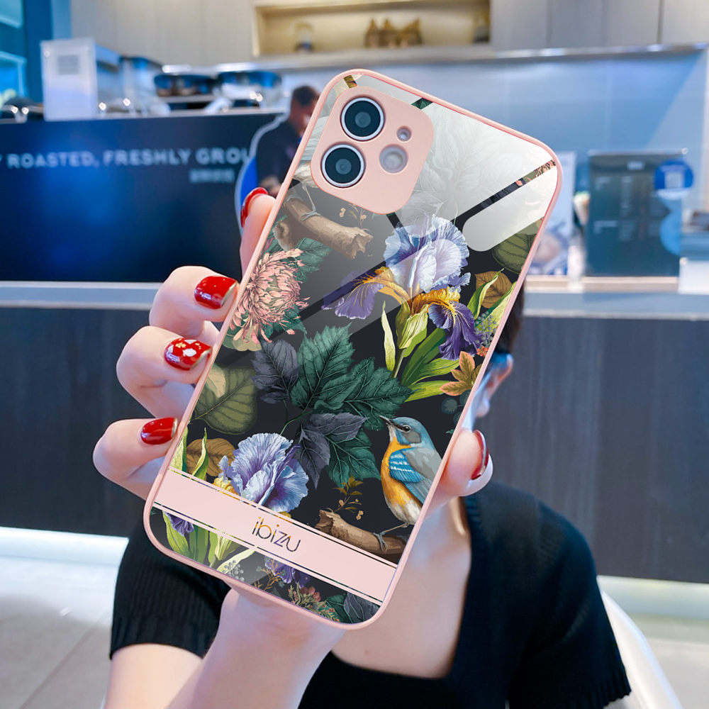 Etui do iPhone 12, Ibizu, szklany tył, osłona kamery, symfonia natury, łososiowe