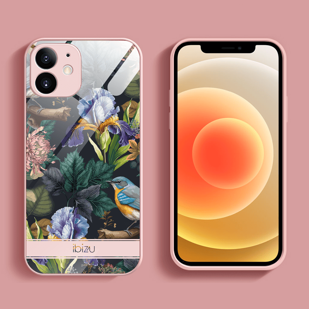 Etui do iPhone 12, Ibizu, szklany tył, osłona kamery, symfonia natury, łososiowe