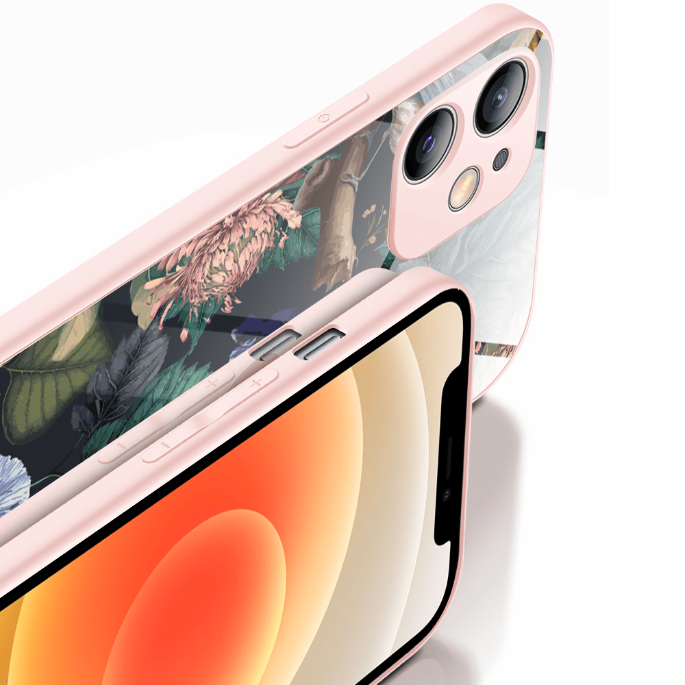 Etui do iPhone 12, Ibizu, szklany tył, osłona kamery, symfonia natury, łososiowe