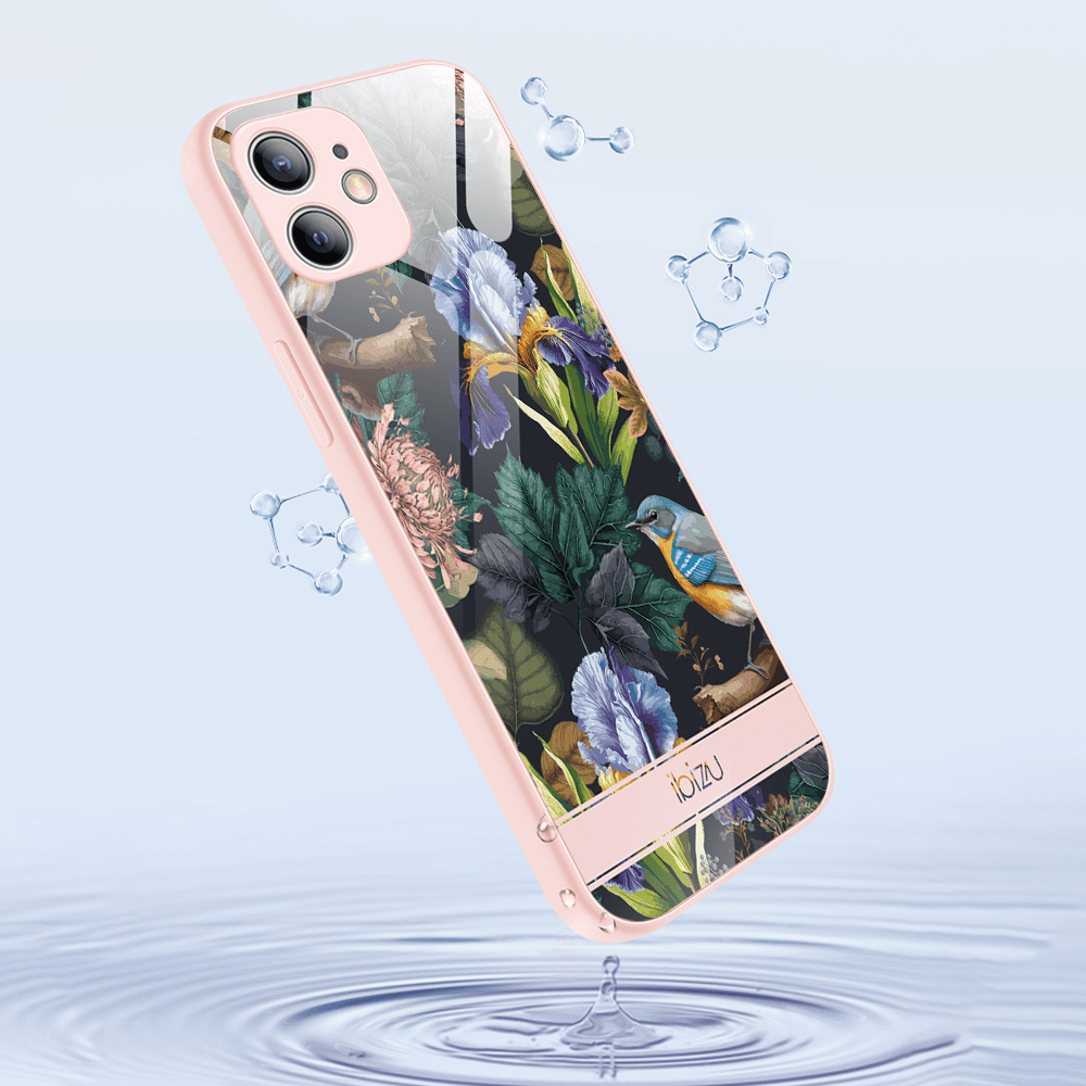 Etui do iPhone 12, Ibizu, szklany tył, osłona kamery, symfonia natury, łososiowe