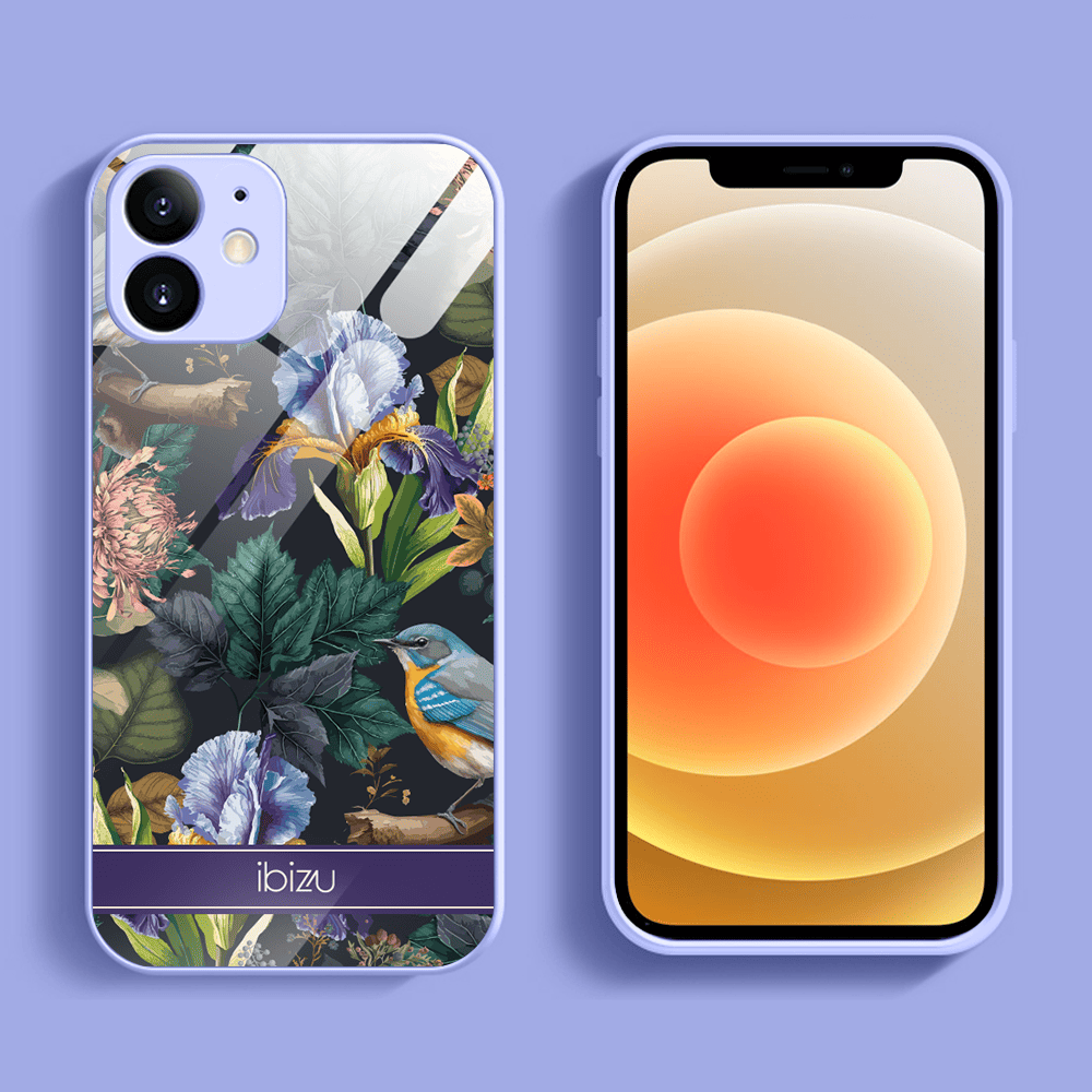 Etui do iPhone 12, Ibizu, szklany tył, osłona kamery, symfonia natury, fioletowe