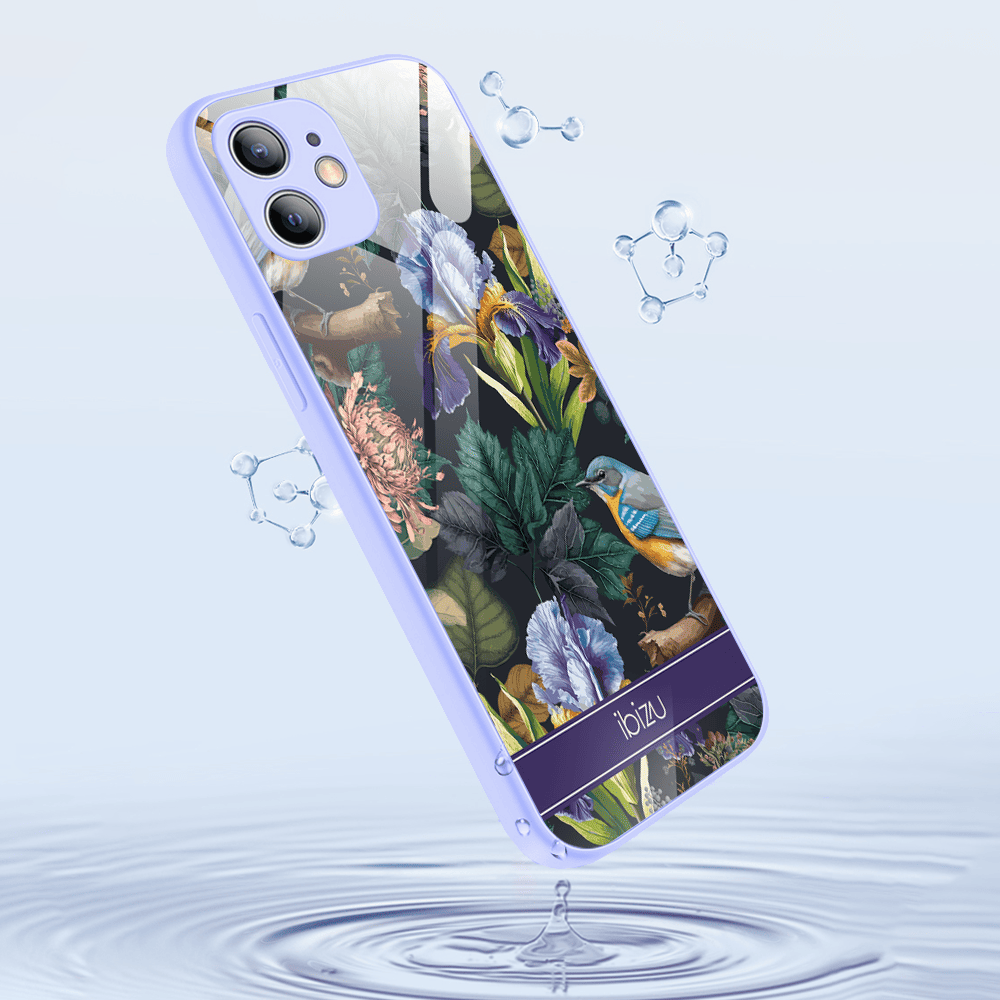 Etui do iPhone 12, Ibizu, szklany tył, osłona kamery, symfonia natury, fioletowe