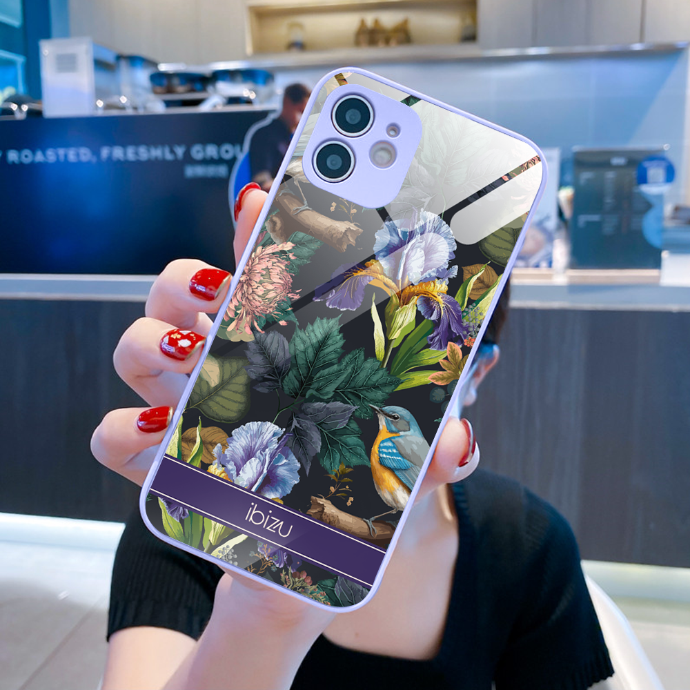Etui do iPhone 12, Ibizu, szklany tył, osłona kamery, symfonia natury, fioletowe