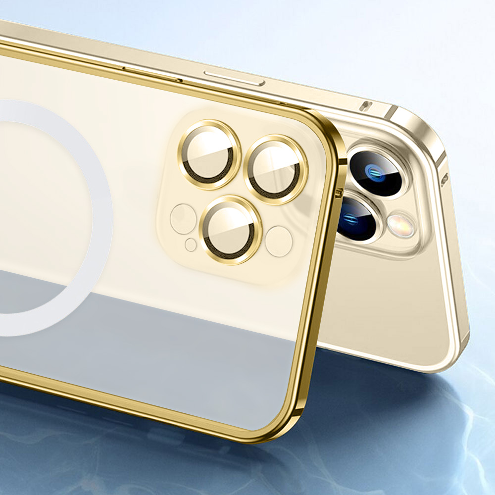 Etui do iPhone 14 Pro Max Magsafe Metalic Gold Frame Oryginal matowe, ochrona aparatu, złota ramka