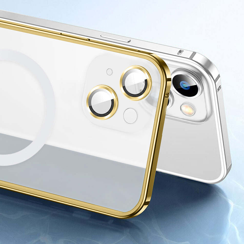 Etui do iPhone 14 MagSafe Metalic Gold Frame Oryginal matowe, ochrona aparatu, złota ramka