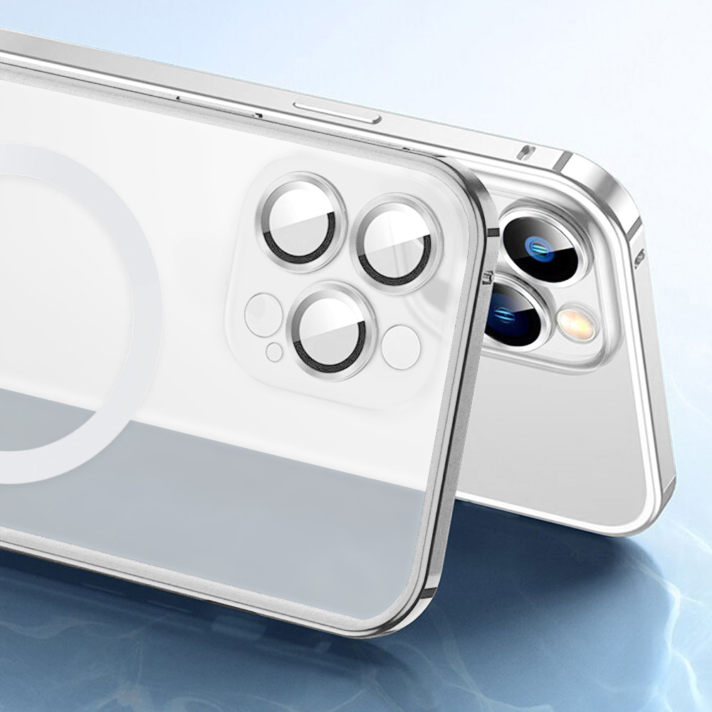 Etui do iPhone 14 Pro Max Magsafe Metalic Silver Frame Oryginal matowe, ochrona aparatu, srebrna ramka