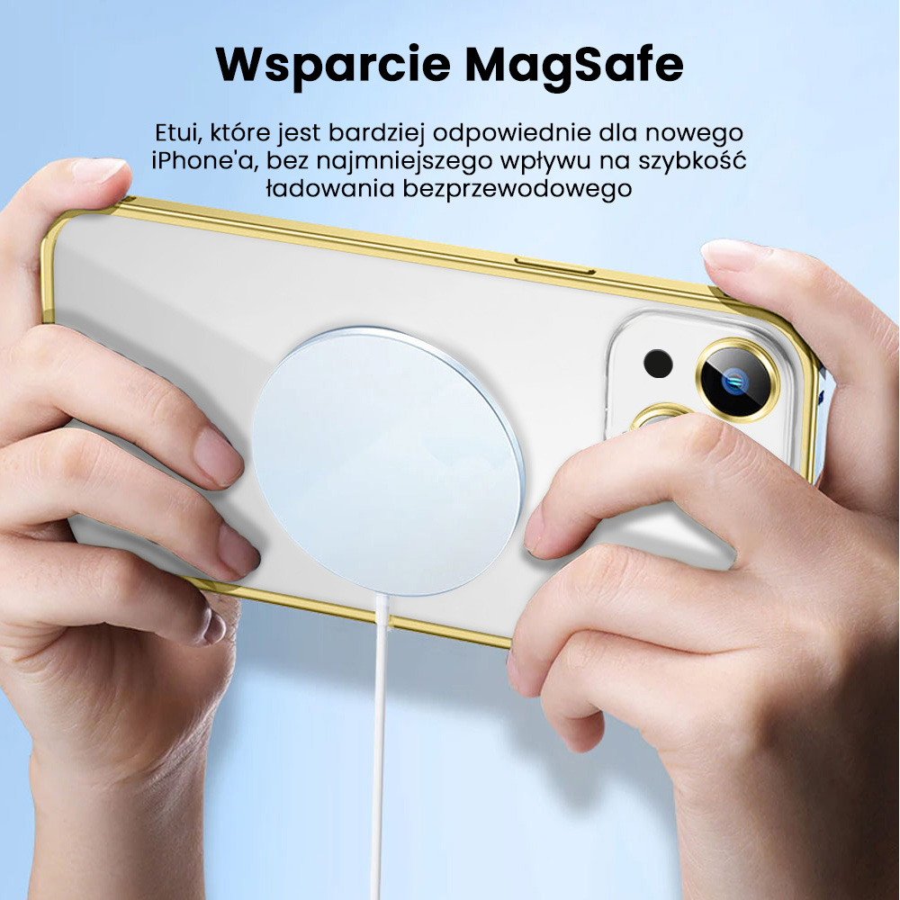 Etui do iPhone 14 MagSafe Metalic Gold Frame Oryginal matowe, ochrona aparatu, złota ramka