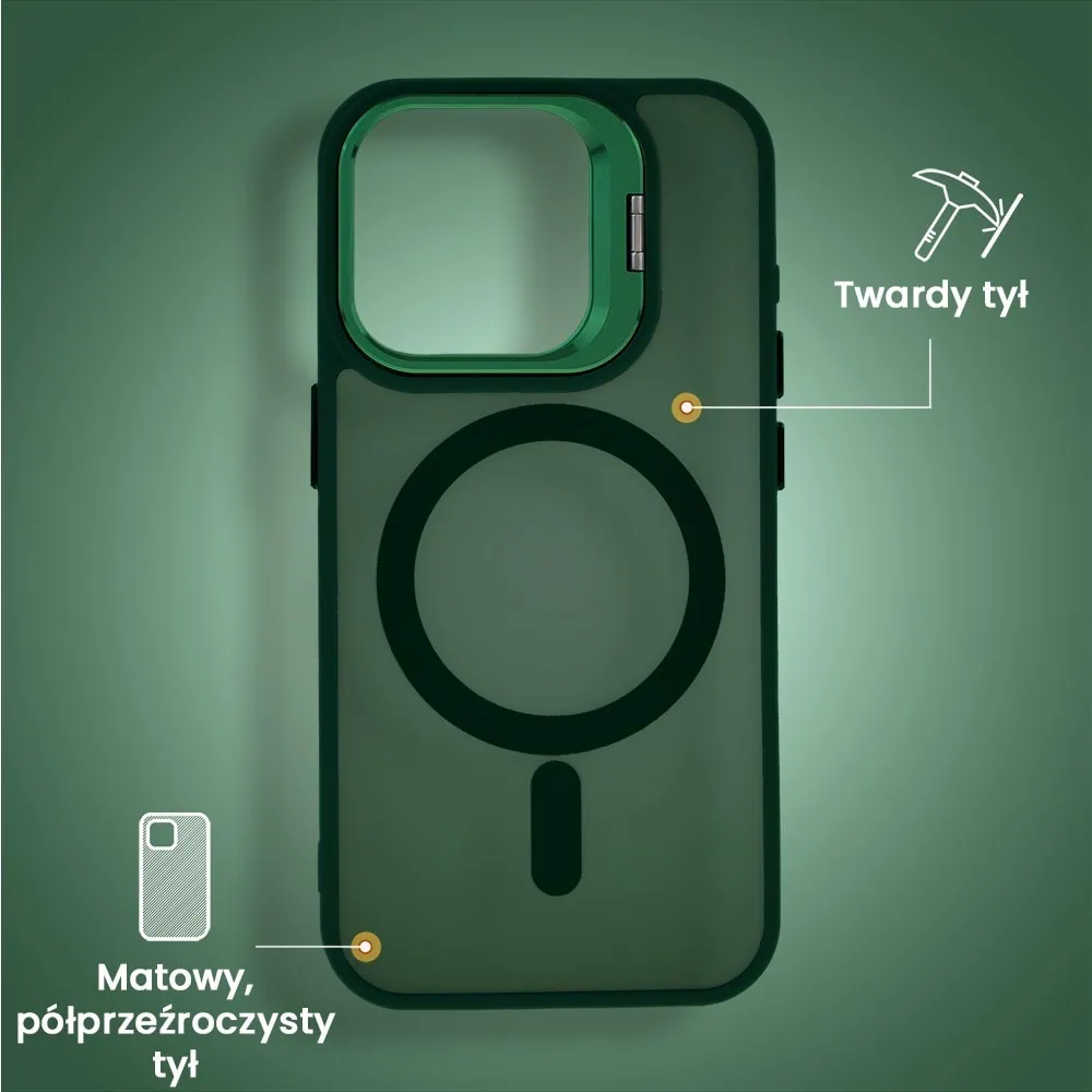 Etui do iPhone 15 Pro Arctic Stand, półprzeźroczyste, z osłoną aparatu i podstawką, zielone