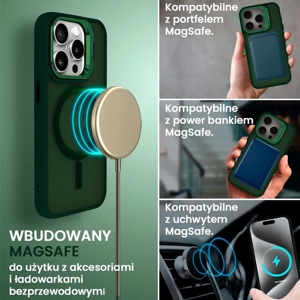 Etui do iPhone 15 Pro Arctic Stand, półprzeźroczyste, z osłoną aparatu i podstawką, zielone
