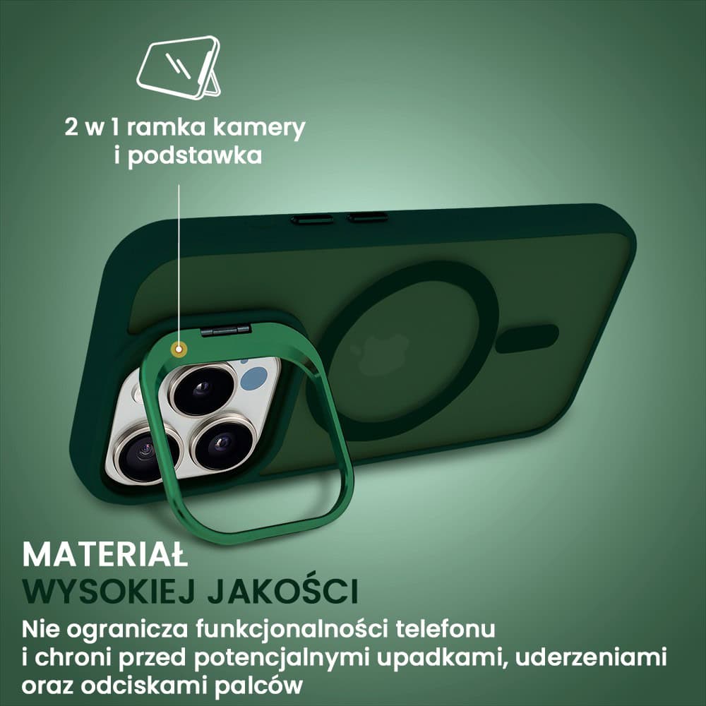 Etui do iPhone 15 Pro Arctic Stand, półprzeźroczyste, z osłoną aparatu i podstawką, zielone