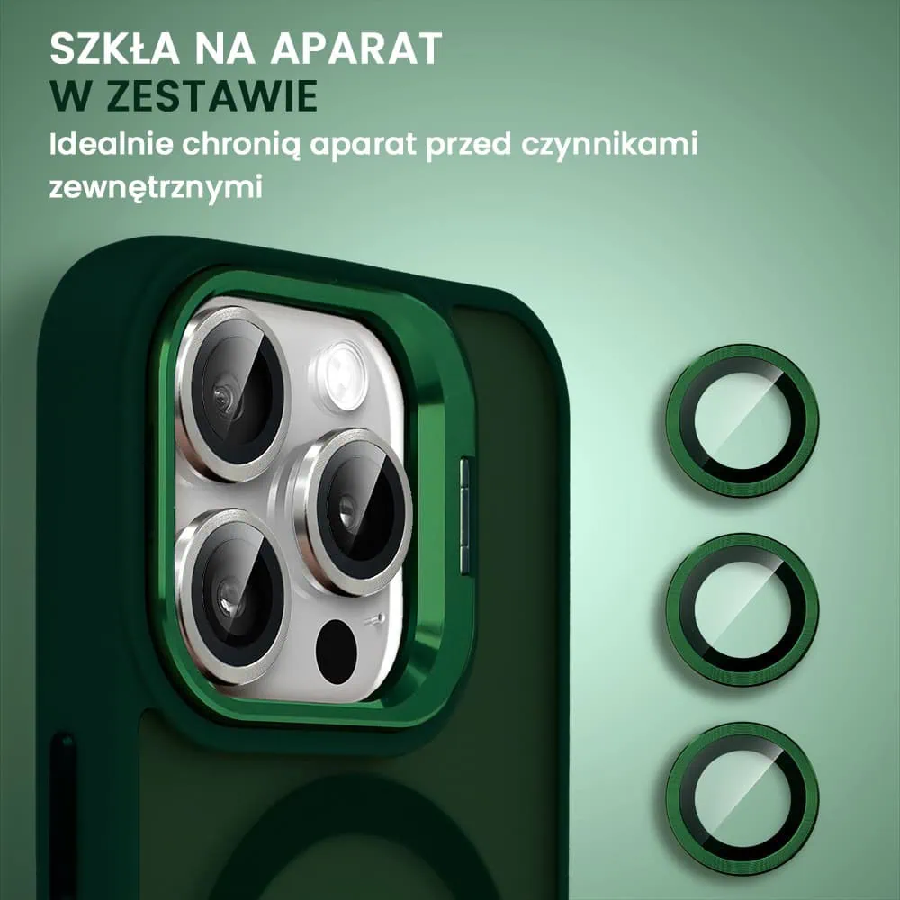 Etui do iPhone 15 Pro Arctic Stand, półprzeźroczyste, z osłoną aparatu i podstawką, zielone