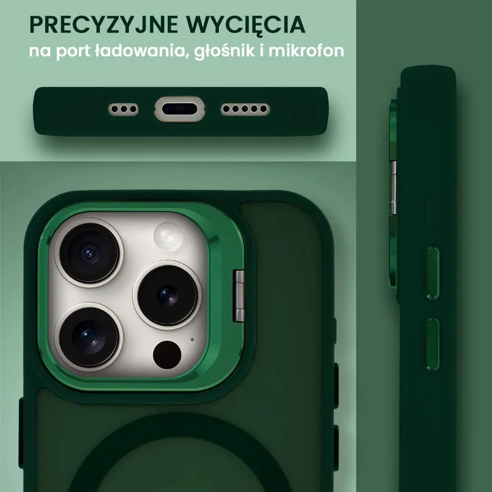 Etui do iPhone 15 Pro Arctic Stand, półprzeźroczyste, z osłoną aparatu i podstawką, zielone