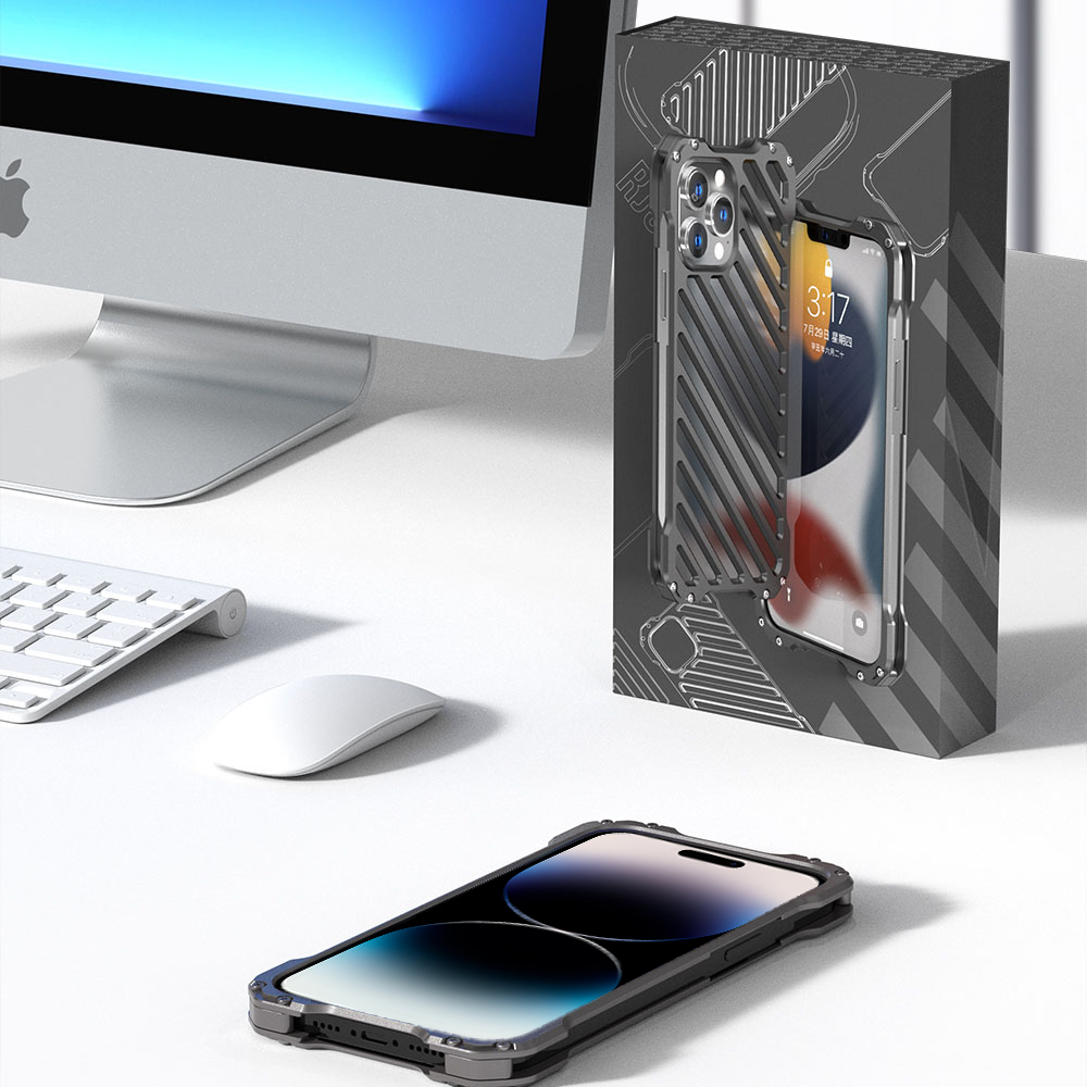 Etui do iPhone 14 Pro pancerne, metalowe, skręcane, srebrne