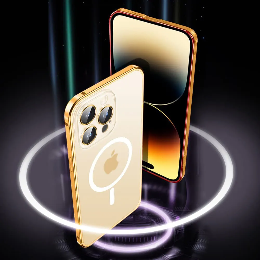Etui do iPhone 14 Pro Max Magsafe Metalic Frame Oryginal, ochrona aparatu, złota ramka