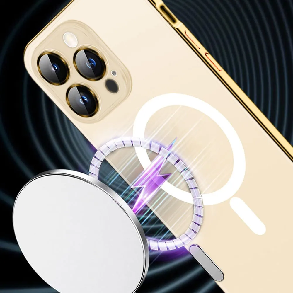 Etui do iPhone 14 Pro Max Magsafe Metalic Frame Oryginal, ochrona aparatu, złota ramka