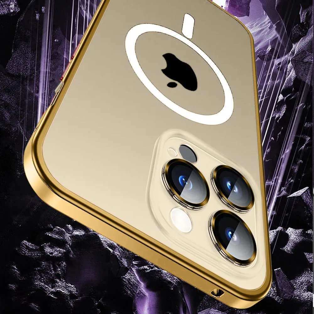 Etui do iPhone 14 Pro Max Magsafe Metalic Frame Oryginal, ochrona aparatu, złota ramka