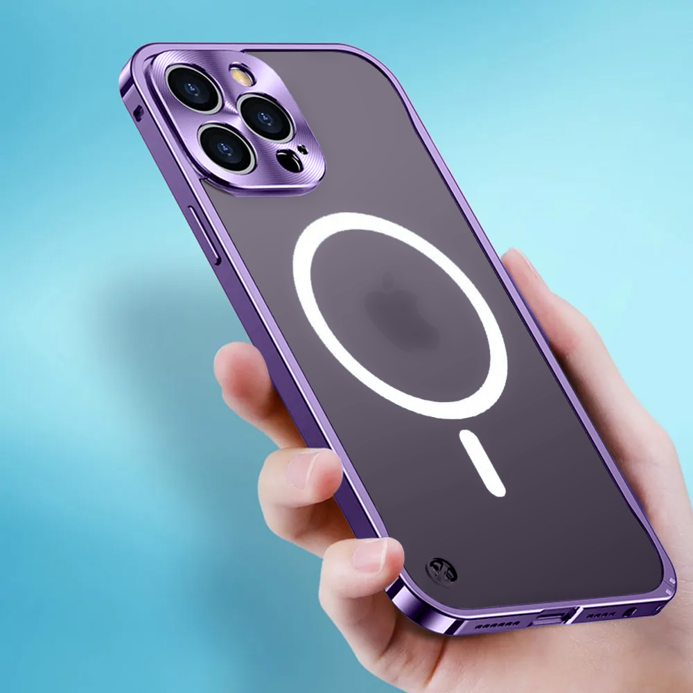 Etui do iPhone 14 Pro Magsafe Armor, metalowa ramka, twarde aluminium, purpurowe