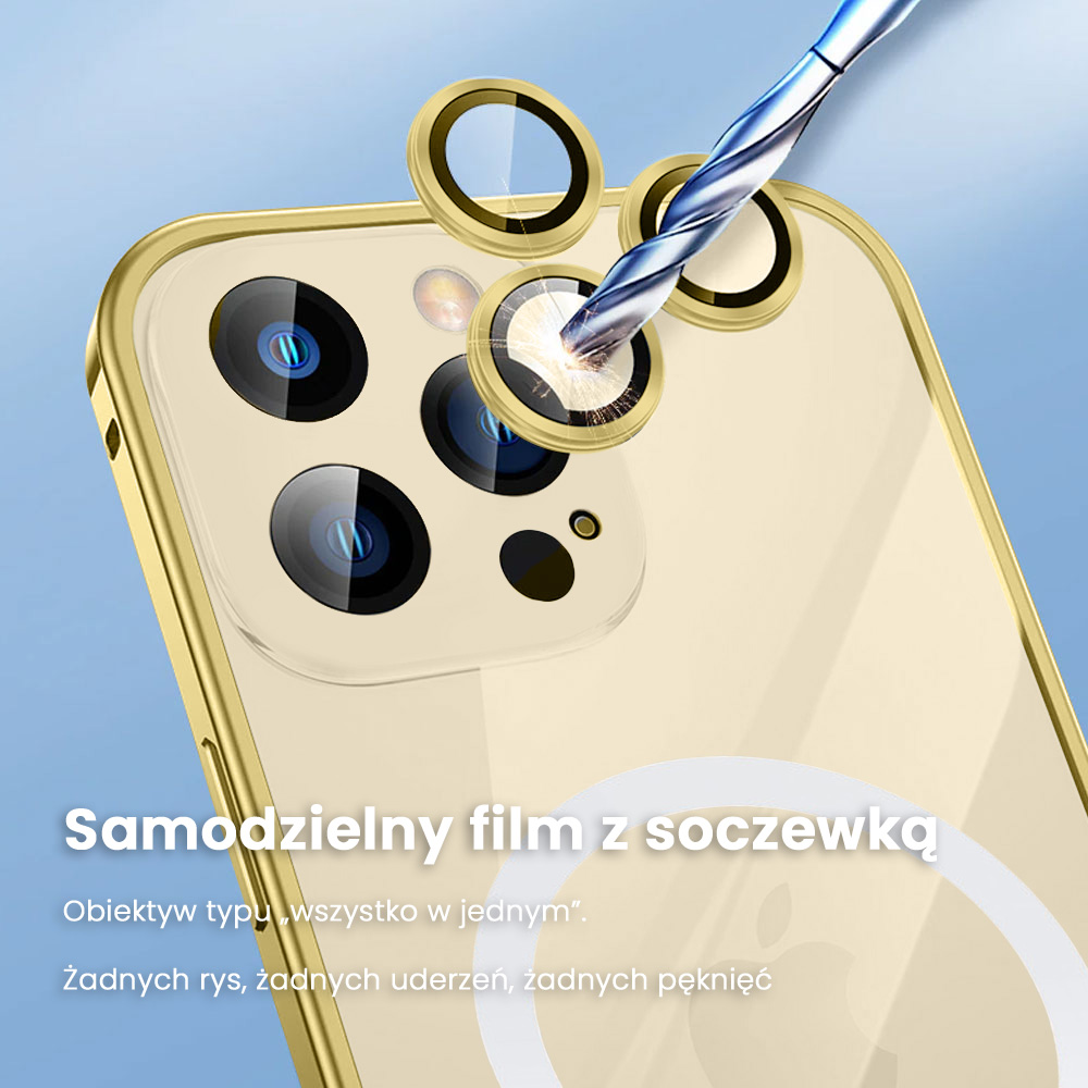 Etui do iPhone 14 Pro Max Magsafe Metalic Gold Frame Oryginal matowe, ochrona aparatu, złota ramka