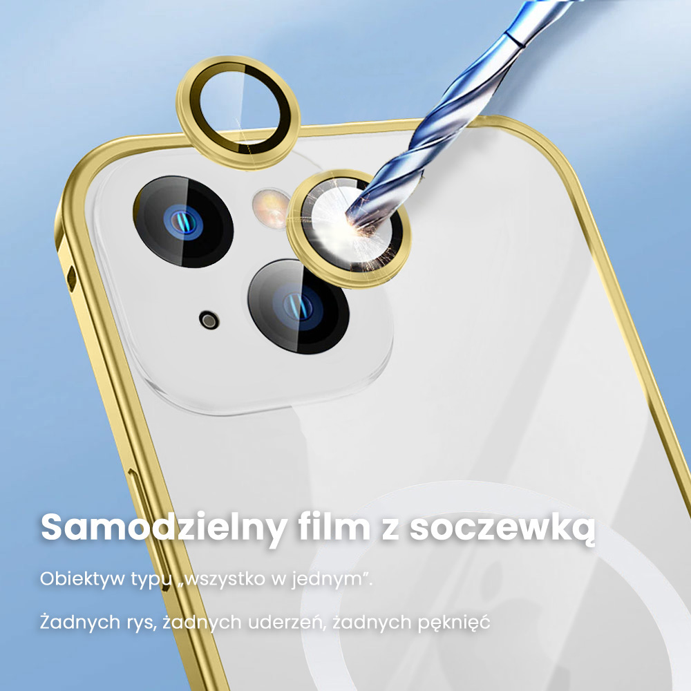 Etui do iPhone 14 MagSafe Metalic Gold Frame Oryginal matowe, ochrona aparatu, złota ramka