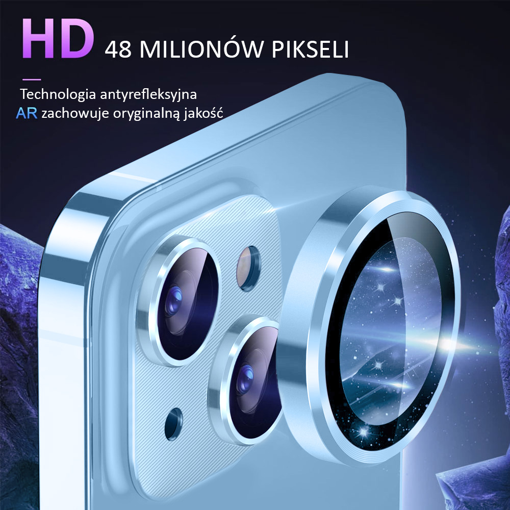 iPhone 14 Plus metalowa osłona na cały aparat, wbudowane szkła 9H, niebieska