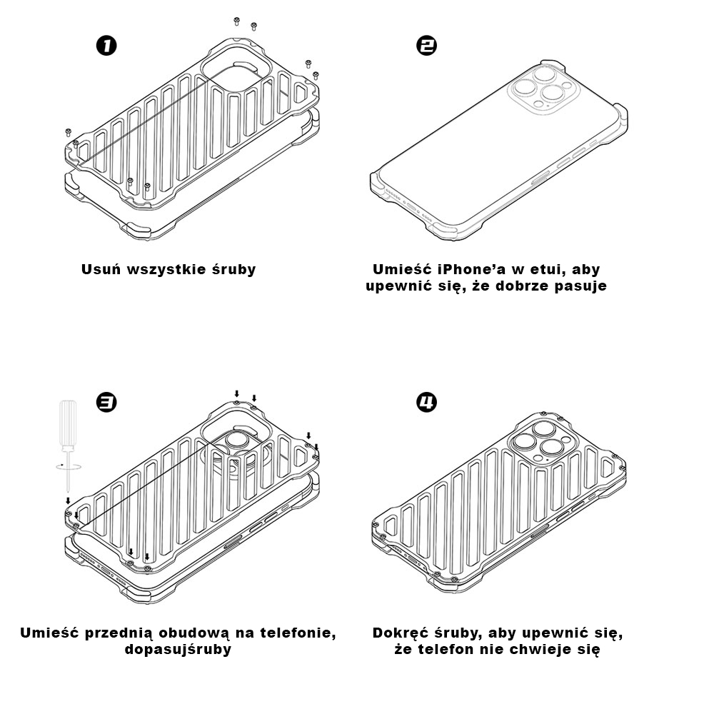 Etui do iPhone 14 Pro pancerne, metalowe, skręcane, srebrne