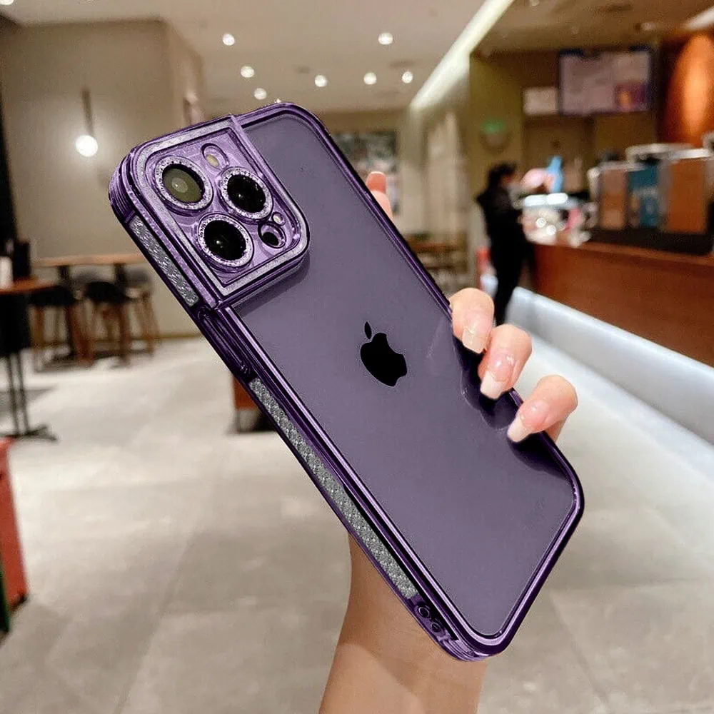 Etui do iPhone 14 Pro Max kryształowa struktura, osłona na aparat, przeźroczyste z purpurową ramką (OUTLET)