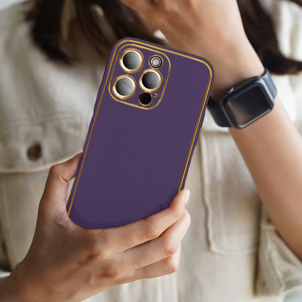 Etui do iPhone 14 Pro Max minimalistyczne skórzane z ochroną aparatu i złotym wykończeniem, głęboka purpura