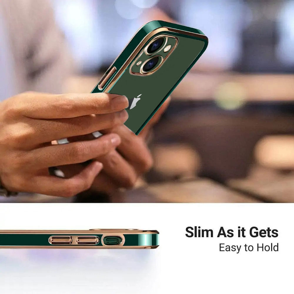 Etui do iPhone 13 Mini Fashion Gold przeźroczysty tył, pozłacane elementy, osłona na aparat, zielona ramka (OUTLET)
