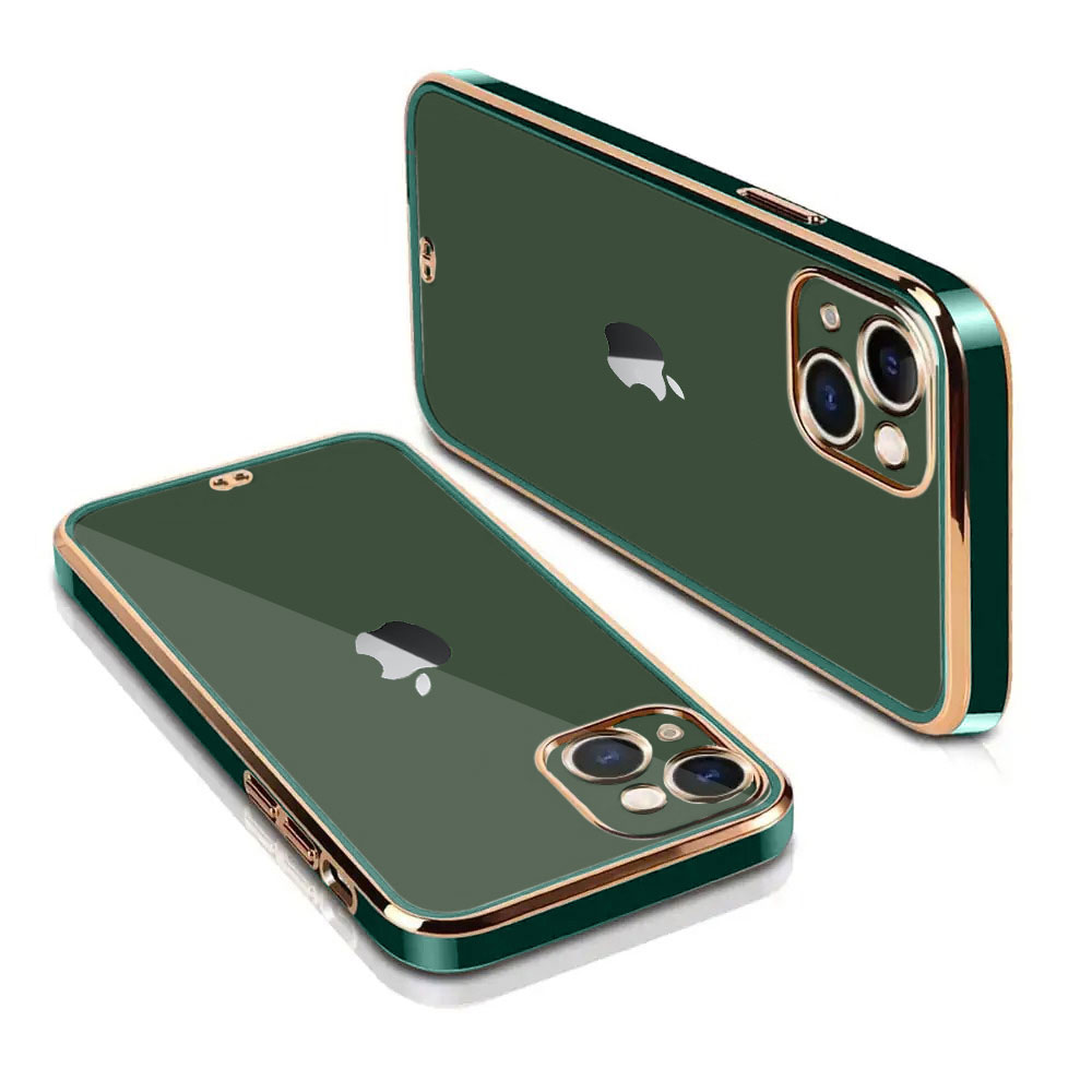 Etui do iPhone 13 Mini Fashion Gold przeźroczysty tył, pozłacane elementy, osłona na aparat, zielona ramka (OUTLET)