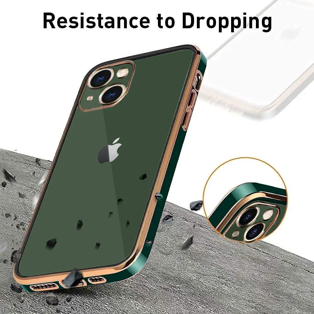 Etui do iPhone 13 Mini Fashion Gold przeźroczysty tył, pozłacane elementy, osłona na aparat, zielona ramka (OUTLET)