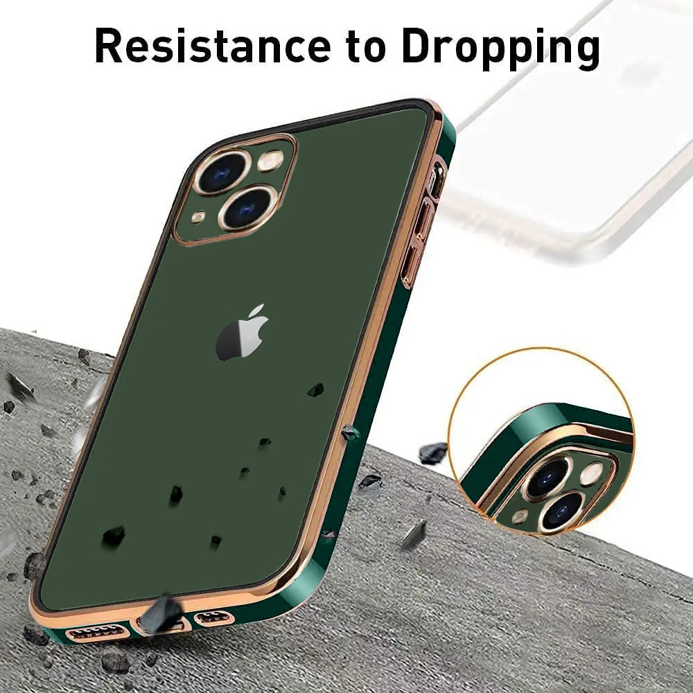 Etui do iPhone 13 Mini Fashion Gold przeźroczysty tył, pozłacane elementy, osłona na aparat, zielona ramka (OUTLET)